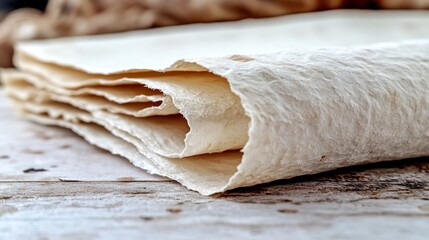 Stack of thin, flatbreads on wood.