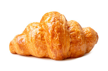 Side view of brown or golden croissant isolated on white background with clipping path