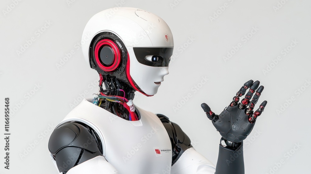 Poster a humanoid robot with a sleek design and articulated hand.