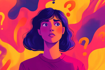 A young woman looks contemplative amidst colorful, abstract question marks.