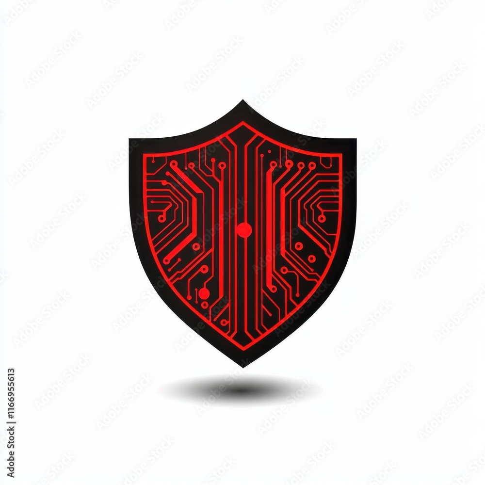 Poster a striking red shield emblem with intricate circuit patterns, symbolizing digital security and techn