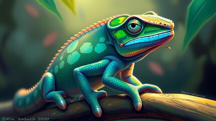 Fototapeta premium Chameleon in Lush Jungle: A vibrant, digitally painted chameleon perched on a branch, its iridescent scales shimmering in the dappled sunlight.