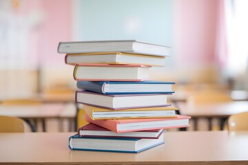 Stack of Colorful Books on Desk in Classroom Setting.