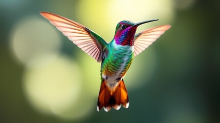 Fototapeta premium Hummingbird in Flight: A vibrant hummingbird with iridescent feathers soars through the air, its wings a blur of color against a soft, green background. A symbol of grace and agility. 