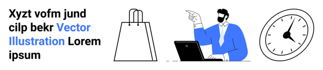 Business person in blue pointing while working on laptop, shopping bag, clock indicating time. Ideal for time management, online shopping, e-commerce, productivity, deadlines, work-life balance