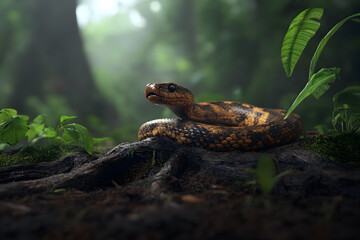 Obraz premium snake resting on tree trunk surrounded by lush greenery, showcasing its vibrant scales and natural habitat. serene atmosphere evokes sense of tranquility in wild