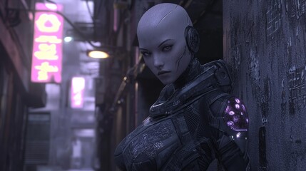 Futuristic Cyberpunk Siren: Enigmatic Female Character with Glowing Implants in Dark Alley - 3D Render Digital Artwork