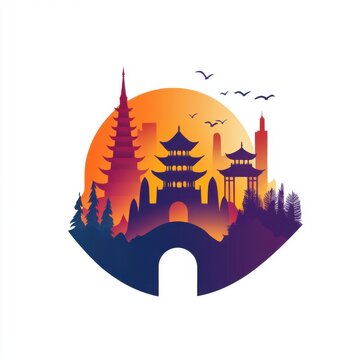 Silhouette of traditional Asian architecture at sunset with vibrant colors and natural elements.