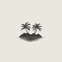 Fototapeta premium Silhouette of two palm trees on a serene island, reflecting on gentle water ripples.