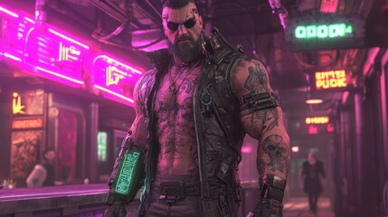Fototapeta premium Futuristic Cyberpunk Bounty Hunter with Robotic Arm in Neon-Lit Bar - 3D Rendered Digital Artwork