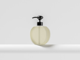 round shape Pump bottle mockup, circle shape liquid dispenser bottle, translucent plastic body wash packaging, frosted plastic lotion container, orbit shape cosmetic dispenser, frosted glass bottle