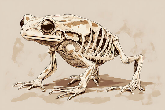 A stylized illustration of a frog skeleton, showcasing its skeletal structure and anatomy.