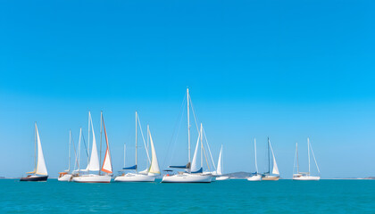 lots of sailboats on a blue surface of water against the blue sky, studio photography. isolated with white highlights