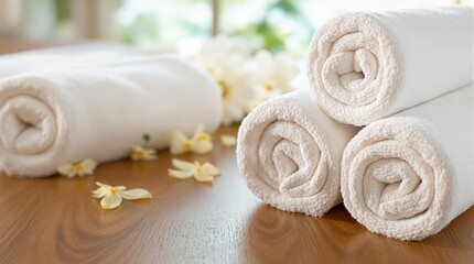 Spa still life with white towels and flowers on wooden table. Rolled towels in luxury resort room. Beauty wellness center with massage, skincare and bodycare treatments. Concept of mental health