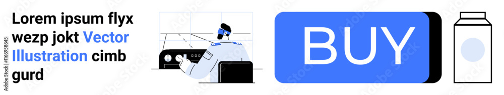 Poster man typing on computer, labeled button, rectangular buy button, abstract packaging. ideal for e-comm