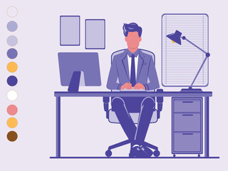 Flat illustration of an office worker in a professional setting, featuring clean lines and modern colors. Perfect for business themes, presentations, or workplace designs. High-quality artwork.