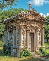 Fototapeta premium An ornate mausoleum surrounded by greenery and trees.