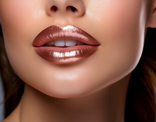 detailed image of a womans lips covered with a glossy lip treatment, highlighting the shine and texture of the gloss, shot in a beauty-focused style against a neutral backdrop