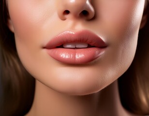 Fototapeta premium close-up of a perfect mouth with a subtle pout, showcasing the shape of the lips and the smooth skin, styled in a glamorous, beauty-oriented fashion with soft, diffused lighting
