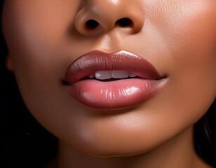 Obraz premium Woman's lips are painted red. She is smiling. The lips are very full