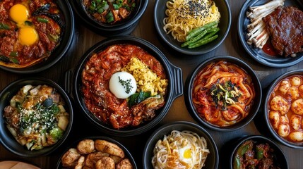A variety of traditional Korean meals, showcasing rich flavors.