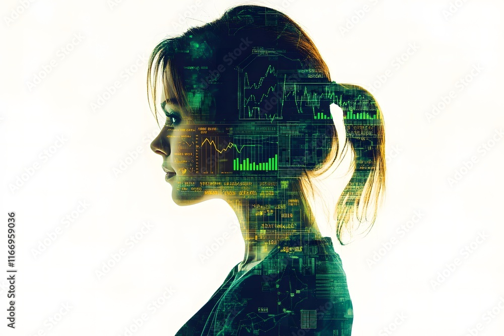 Poster Silhouette of a Woman Merging with Digital Data Visualization Representing Technology, Innovation, and Business Analytics in a Futuristic Concept