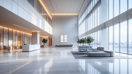 Fototapeta premium Elegant 3D-rendered business hall with a large open space and airport-inspired interior features