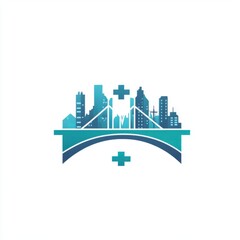 Obraz premium A stylized urban skyline with a bridge, symbolizing healthcare and community support.