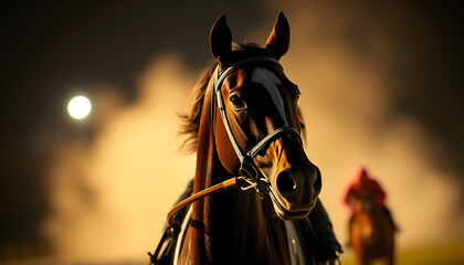 Obraz premium jockey holding on reins on a race horse, Backlit. isolated with white highlights
