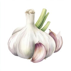 Obraz premium Fresh garlic bulb with cloves and green shoots, showcasing its natural beauty.