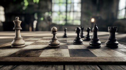 Chess game in an atmospheric room during a quiet afternoon. Digital detox concept.