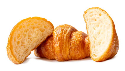 Side view of brown or golden croissant with two halves isolated on white background with clipping path