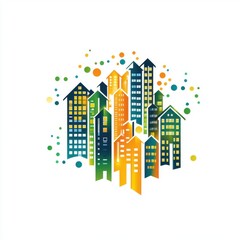 Naklejka premium Colorful city skyline illustration with stylized buildings and vibrant dots in green, yellow, and blue tones.