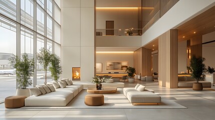 Minimalist 3D-rendered business lounge featuring spacious interiors with airport-inspired designs