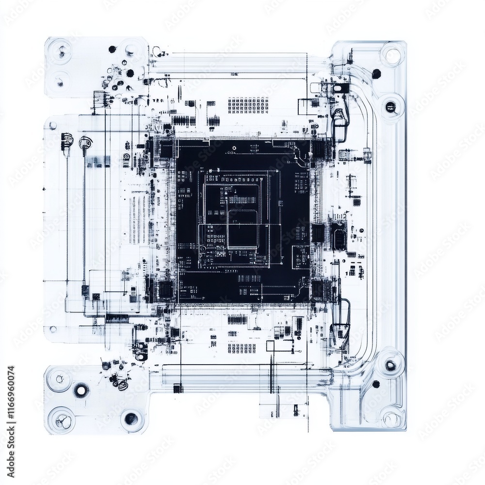 Poster abstract x-ray of a circuit board showcasing intricate electronic components and pathways.