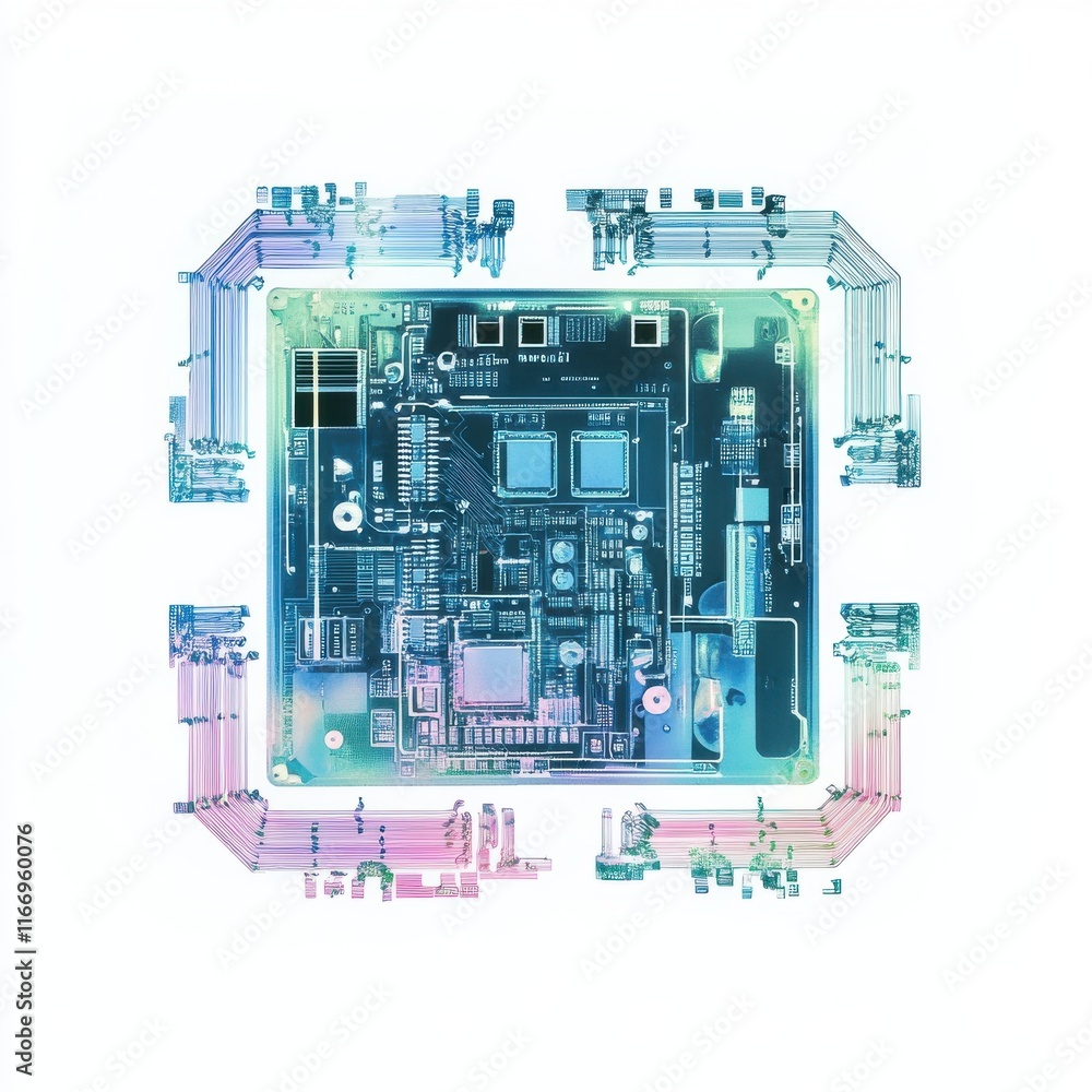 Poster an abstract close-up of a colorful circuit board showcasing intricate electronic components.