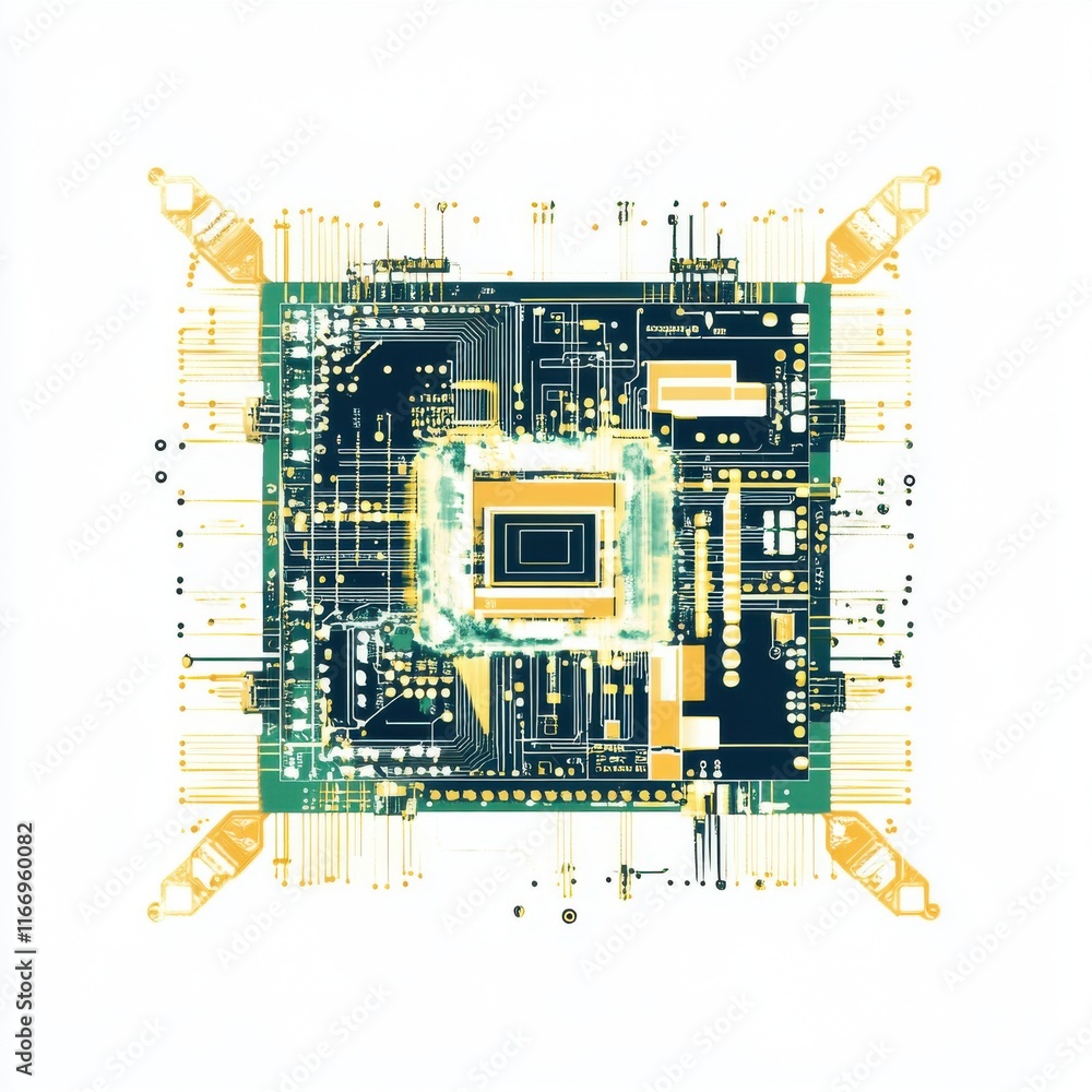 Poster abstract representation of a computer microchip with intricate yellow and black circuit designs.