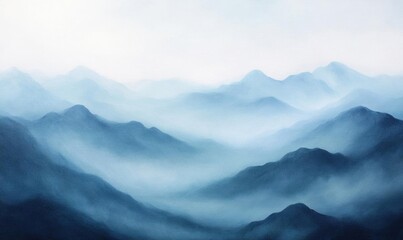 Obraz premium Serene mountain landscape with soft blue hues and misty atmosphere.