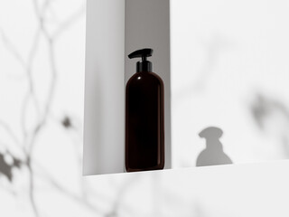 Pump bottle mockup, slim oval shape plastic dispenser bottle display on tree shadow overlay background, elegant cylindrical cosmetic packagings, amber plastic bottles, organic spa product packaging