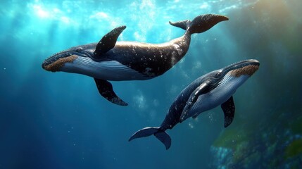 Fototapeta premium Two whales swimming gracefully in a sunlit underwater scene.