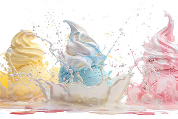 Set of Ice Cream Explosions in Exciting Flavors with Toppings and Sprinkles Cut Out Isolated on Transparent Background