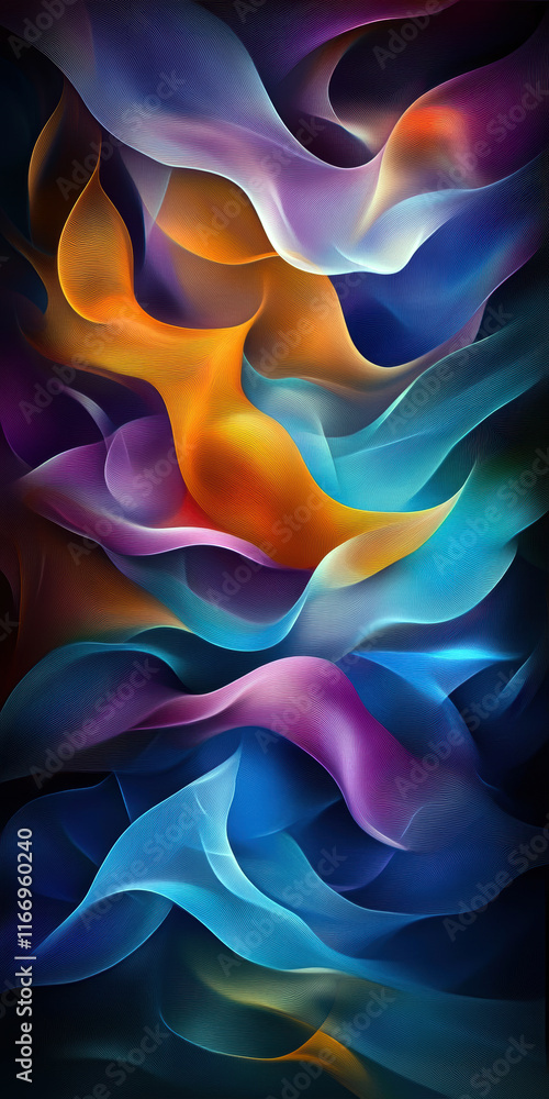 Poster a mesmerizing abstract composition of flowing waves in vibrant colors, blending seamlessly to create