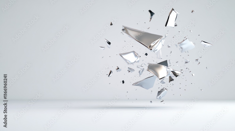 Poster shattered metallic fragments floating in a minimalistic space.