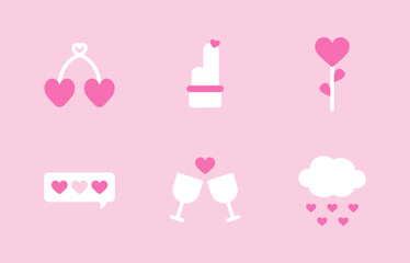 Set of cute vector love stickers. Collection of scrapbooking design elements for Valentines day: heart, cherry, flower, cactus, wine glasses, cloud with falling hearts. Romantic vector icons pack