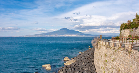 Road of the Sorrento peninsula, in the background the Vesuvius volcano.