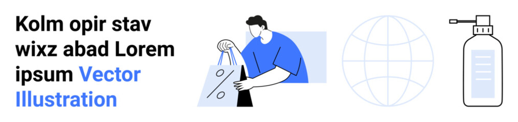 Man carrying reusable bags, globe symbol, and sanitizer bottle. Ideal for sustainability, healthy lifestyle, consumer behavior, global awareness, hygiene practices, environmental responsibility