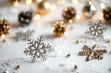 Delightful Holiday Ornaments and Twinkling Snowflakes on White Surface