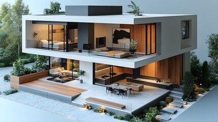 Sophisticated isometric 3D design of a compact loft-style house with modern and clean features on white