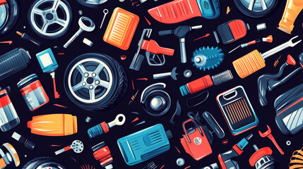 Car and transport parts seamless pattern. Vector background of car wheels and tires, petroleum fuel canister, security remote and spanner with wrench tool, oil and accumulator or gas station