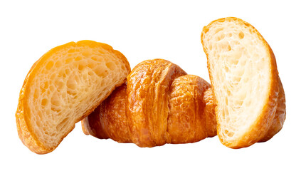Side view of brown or golden croissant with two halves isolated with clipping path in png file format